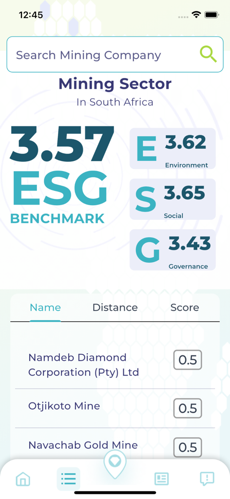 AMAP - AMAP app interface displaying the ESG benchmark and scores for South African mining companies
