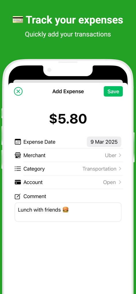 Schermata mobile dell'app Trac che mostra l'interfaccia per aggiungere una nuova spesa con campi per importo, esercente e categoria