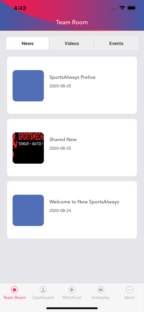 Screenshot of the Team Room news feed in the SportsAlways app displaying professional cricket updates.