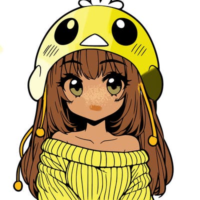 anime girl with chick shaped hat with sweater with bare shoulders with bangs covering them one eye with low tail