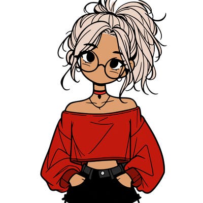 girl with a messy ponytail glasses a baggy crop top and jean shorts