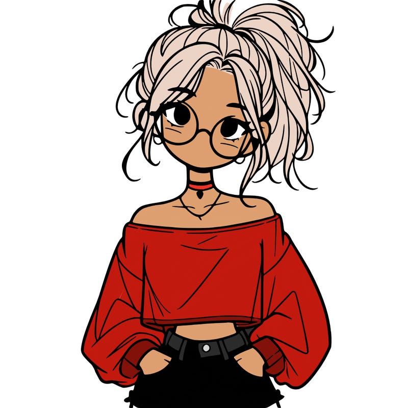 girl with a messy ponytail glasses a baggy crop top and jean shorts