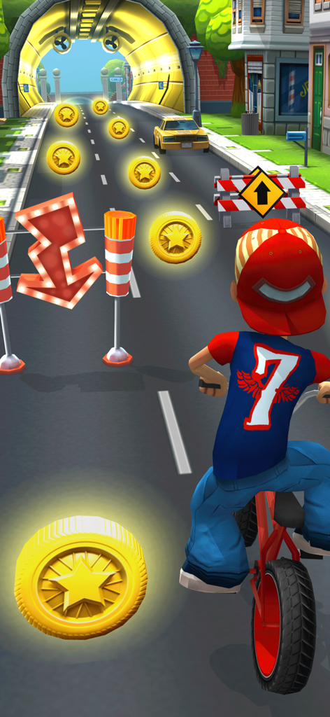 Personaje en una bicicleta BMX roja recogiendo monedas de oro en una calle de la ciudad