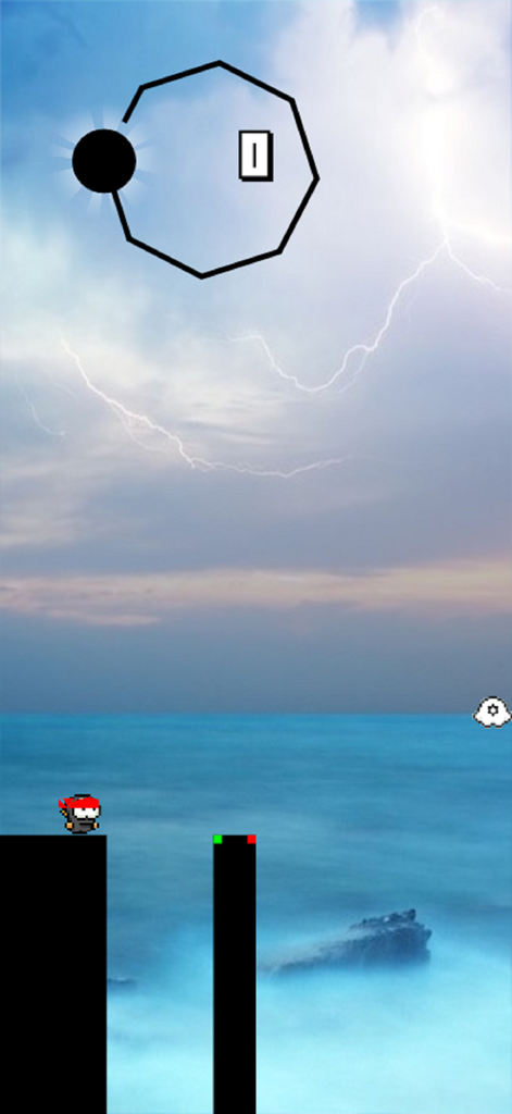 Stick Ninja - Stick Ninja gameplay showing a small ninja character on a platform with a sea background