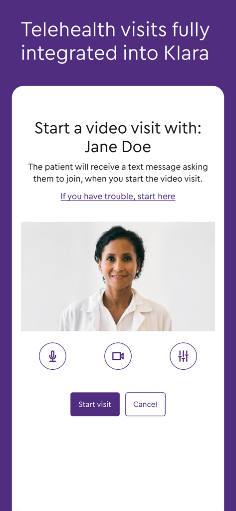 Klara app interface for a healthcare provider to start a secure video telehealth visit with a patient