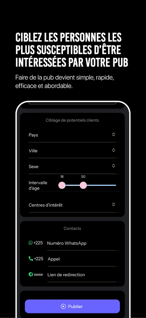 Todje - Mobile interface of the Todje app showing ad targeting options including location, age range, and contact methods