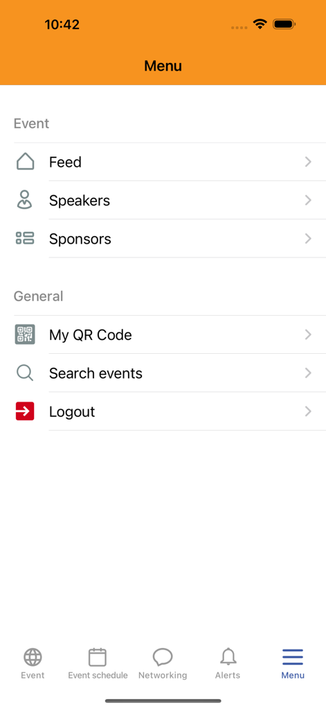ABI Connect App - Main menu screen of the ABI Connect App showing event sections like Feed, Speakers, and Sponsors, and general options like My QR Code and Search events.