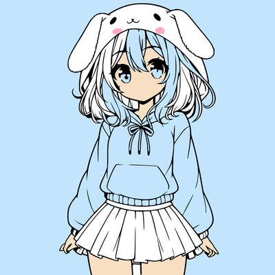pretty anime girl wearing a fluffy hoodie with bunny ears on the hood and a skirt