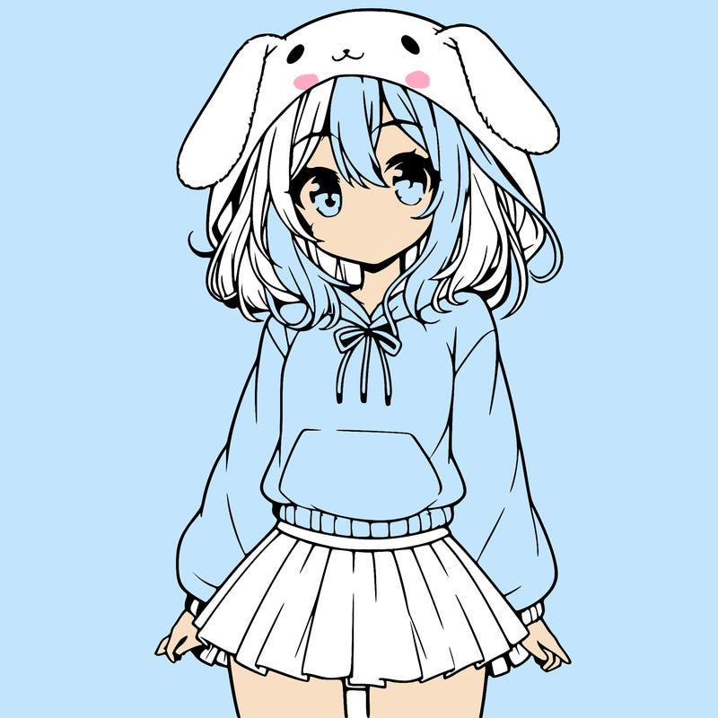 pretty anime girl wearing a fluffy hoodie with bunny ears on the hood and a skirt