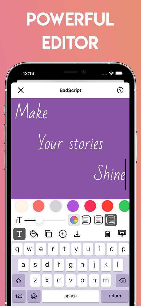 Fancy Fonts for Stories - Interface of Fancy Fonts for Stories app showing a powerful text editor with customization tools for font size color and alignment