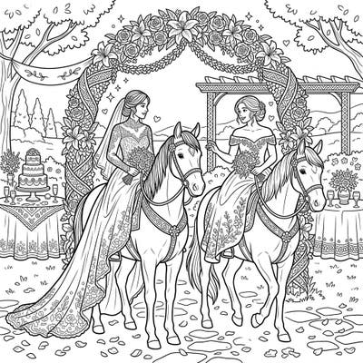 Unleash your creativity with this exquisite coloring page featuring two graceful eventing riders celebrating their wedding on horseback. This unique bridal scene combines equestrian elegance with romantic charm, perfect for a joyful coloring experience.
