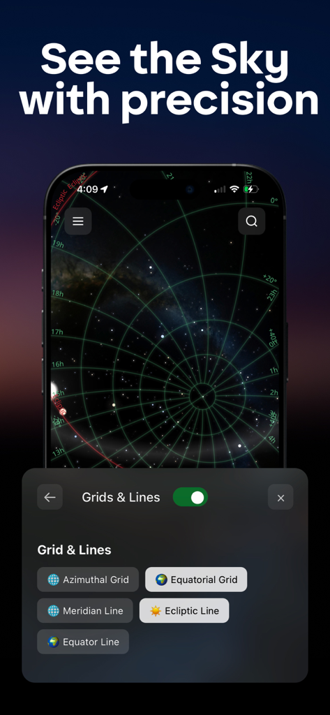Star Gazer & Night Sky Map - iPhone screen showing the Star Gazer app with a night sky map and the grids and lines settings menu open