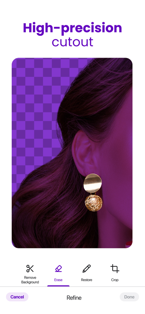 AI Background Editor - Ereasy - Ereasy app interface showing high-precision background removal on a portrait with professional tools.