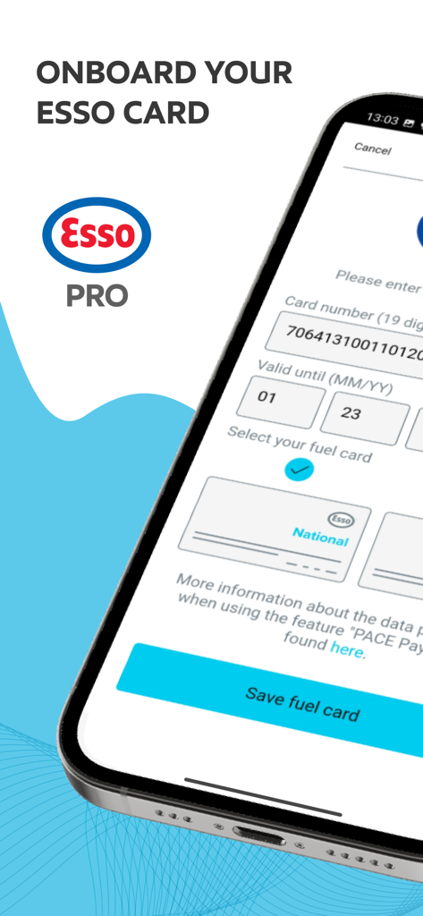 Uma tela de celular do aplicativo Esso PRO mostrando o formulário para cadastrar um cartão de combustível profissional inserindo o número do cartão e a data de validade.