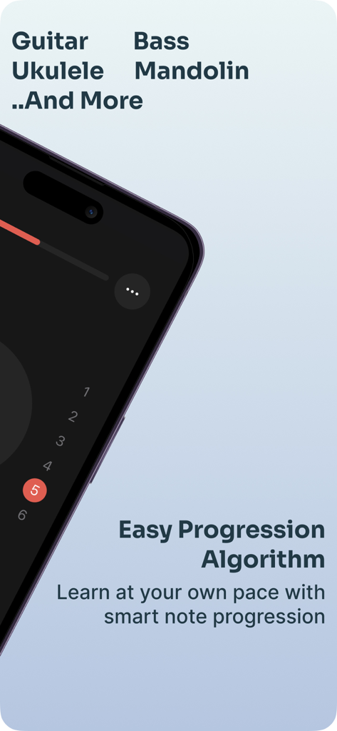 Fret Pro Guitar Notes Trainer - Smartphone screen showing the Fret Pro app highlighting its smart note progression algorithm for multiple string instruments