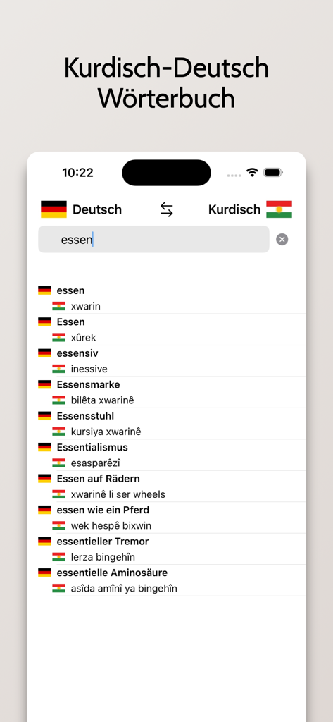 Kurdisch-Deutsch Wörterbuch - Search interface of the Kurdish-German dictionary mobile app showing translation results for the word essen