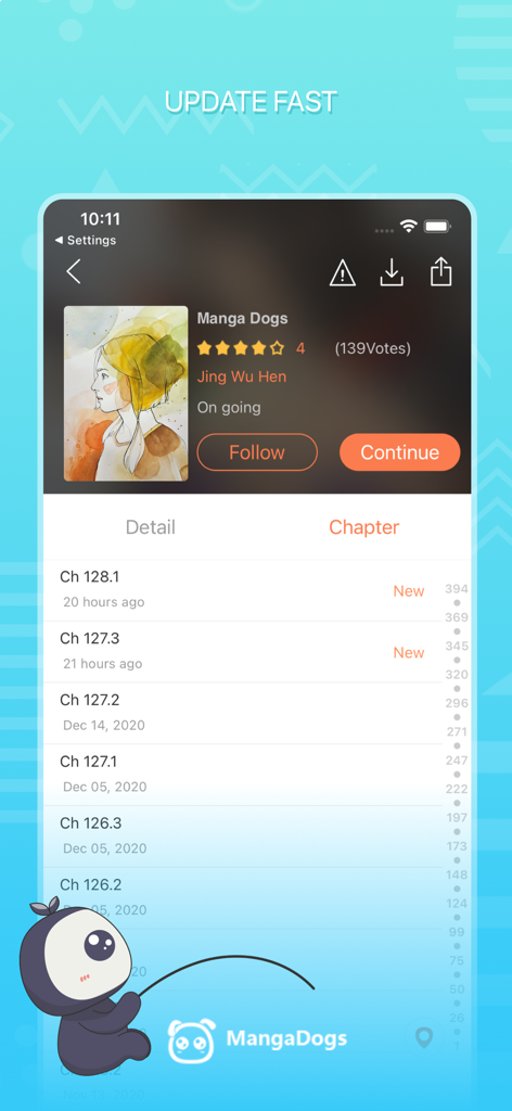 Manga Dogs - webtoon reader - Interfaz de la aplicación Manga Dogs mostrando una lista de las últimas actualizaciones de capítulos de webtoons con un botón de seguir