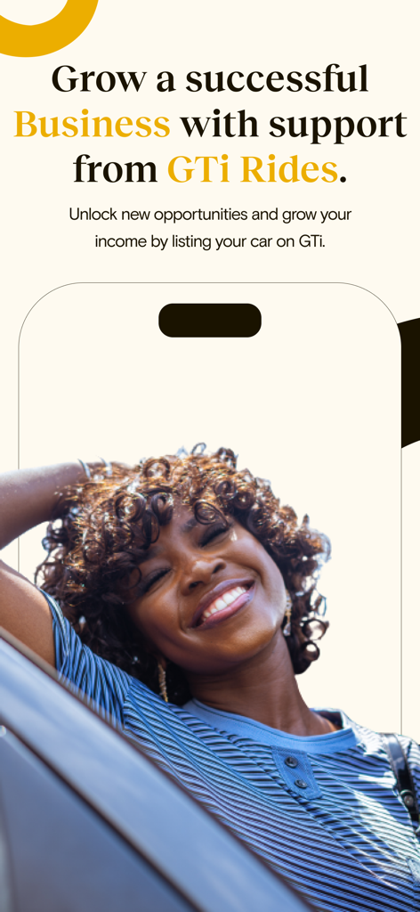 A woman smiling next to a car with text about growing a successful business by listing your car on GTi Rides