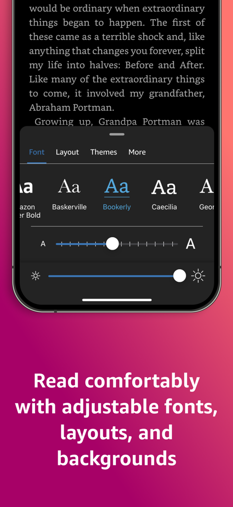 Amazon Kindle app showing adjustable font styles, text size, and brightness settings for personalized reading.