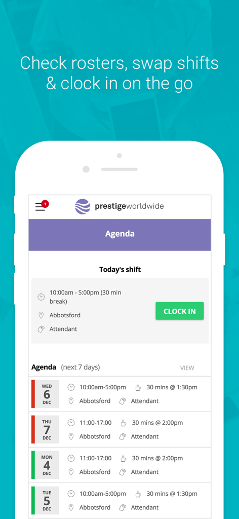 Ento Employee app agenda screen showing work shift details and a clock in button.