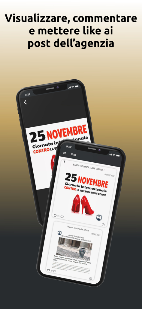 Solimano Funeral - Two smartphones displaying a news feed within the Solimano Funeral app where users can view and interact with agency posts.