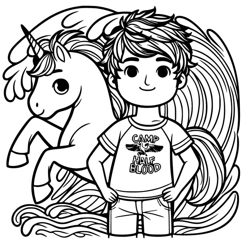 a boy and a wave behind him and the boys is wearing a shirt that says camp have blood a pegasus