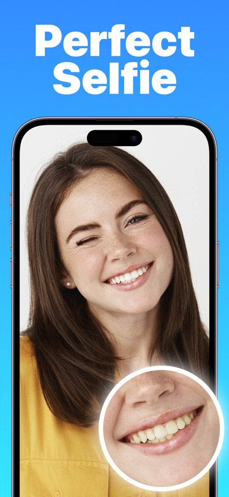 App Teeth Whitener che mostra una donna con un sorriso smagliante e una vista ravvicinata dei denti bianchi