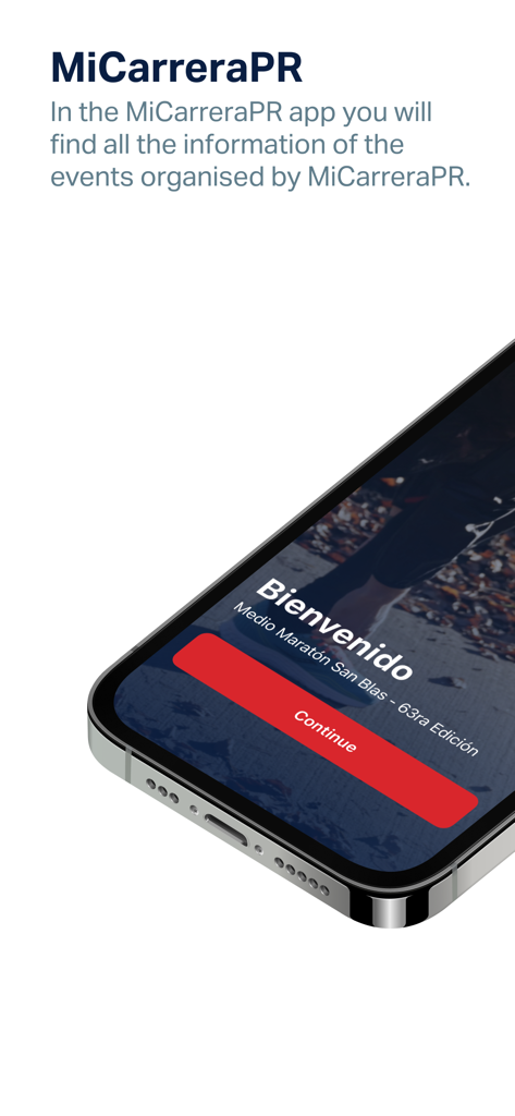 MiCarreraPR - MiCarreraPR app welcome screen on an iPhone showing the San Blas Half Marathon event