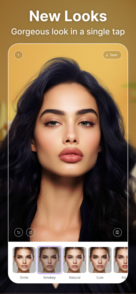 BeautyUp app screenshot showing one tap AI face filters including Smokey and Natural looks