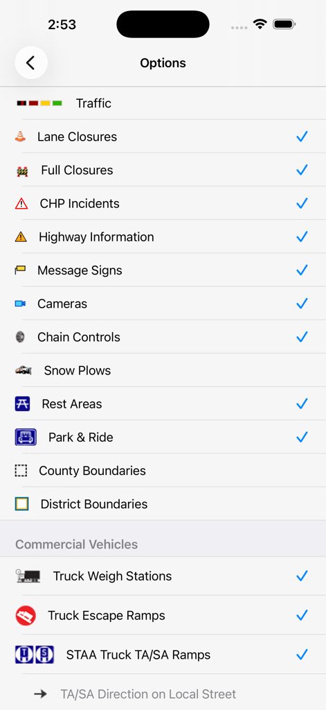 Le menu des paramètres de l'application Caltrans QuickMap affichant différentes couches de carte de trafic et de véhicules commerciaux disponibles pour la sélection