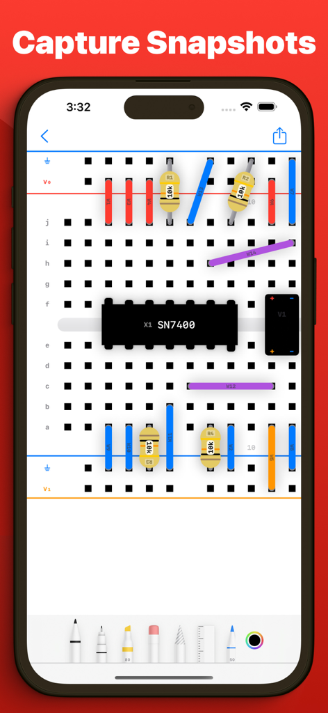 Breadpad - SPICE Simulator - iPhone screen showing a digital breadboard with a SN7400 chip and resistors being annotated with drawing tools