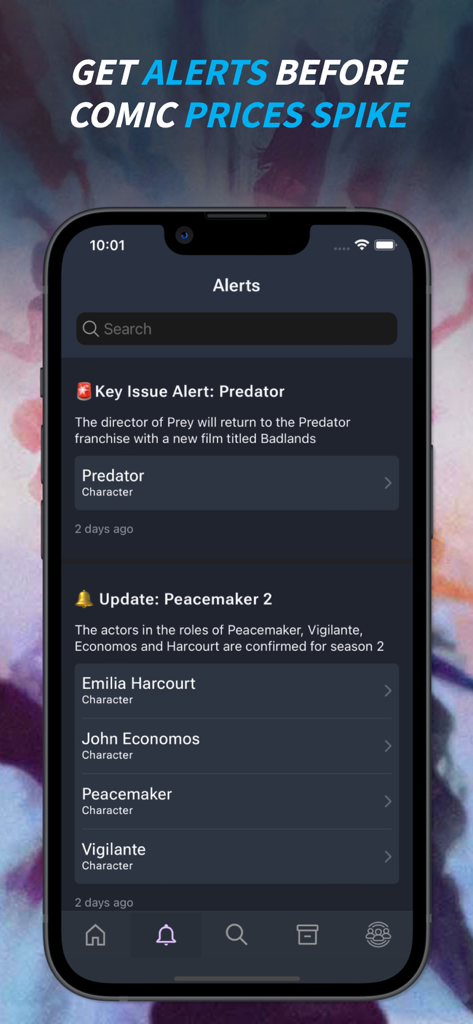 Interfaz de aplicación móvil que muestra alertas en tiempo real de subidas de precios de cómics y actualizaciones de personajes.