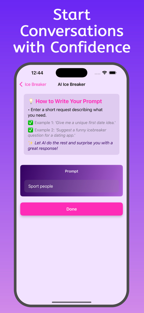 OnlyFun: Dating in your city - OnlyFun App-Oberfläche, die das KI-Eisbrecher-Tool zur Generierung von Dating-Gesprächsstartern zeigt