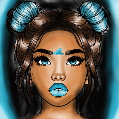 realistic girl with two buns on her hair and lips