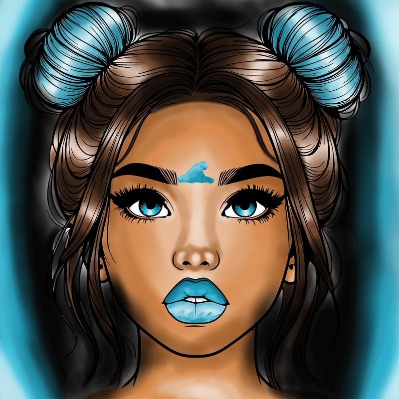 realistic girl with two buns on her hair and lips