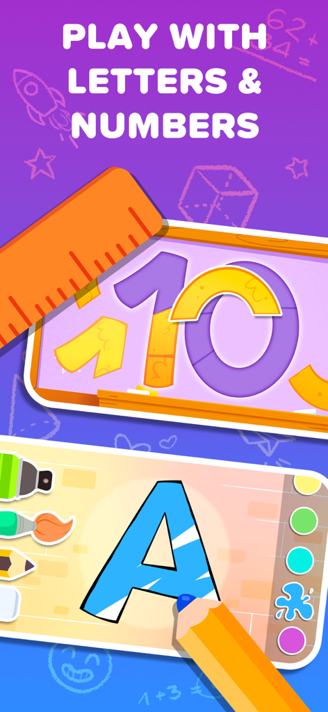 Puzzles & Colors: Kids Games - Pantalla de juego educativo para niños con coloreado de letras y puzzles de números.