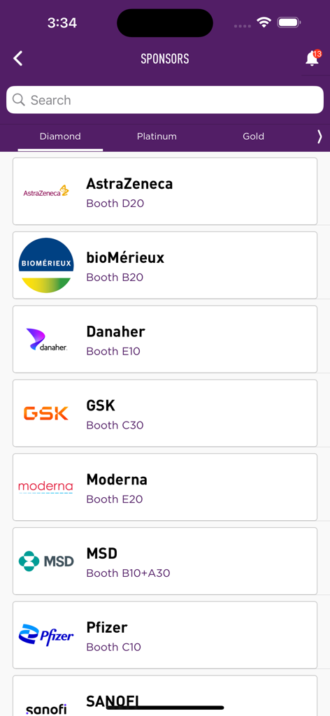 Lista de patrocinadores de nível Diamante e locais de estandes no aplicativo móvel ESCMID 2025.