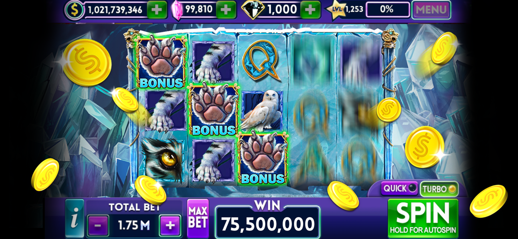 Slot Bonanza- 777 Vegas casino - A big win screen on an arctic themed slot machine in Slot Bonanza showing bonus symbols and flying gold coins