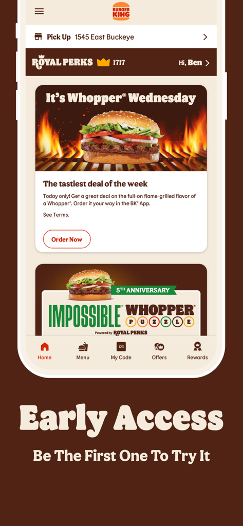 Burger King app home screen showing Whopper Wednesday deals and Royal Perks rewards