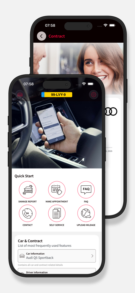 Painel do aplicativo Audi Private Lease exibindo menu de início rápido e informações do contrato do carro