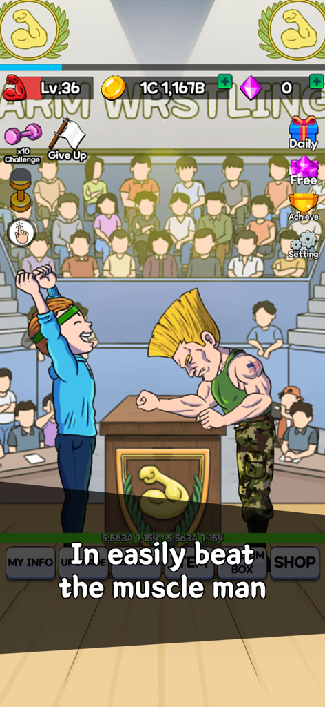 A cartoon character celebrating after winning an arm wrestling match against a muscular opponent in the game Arm Wrestling Clicker