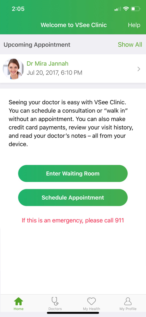 VSee Clinic for Patient - VSee Clinic mobile app home screen showing telehealth appointment options and waiting room access.