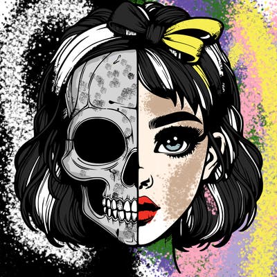 realistic girl with half skull mask