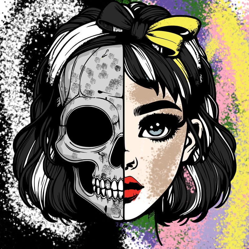 realistic girl with half skull mask