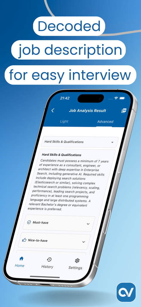 Intelligent CV & Cover Letter - Aplicativo Intelligent CV mostrando descrição de vaga decodificada por IA e análise de habilidades
