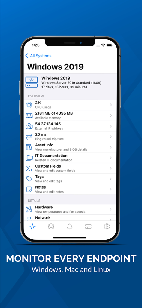 VSA - VSA app mobile dashboard showing server health metrics for a Windows endpoint.