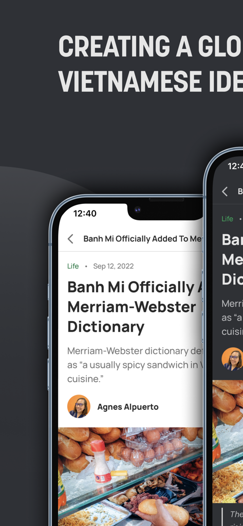 Vietcetera - Vietcetera mobile app interface showing an article about Banh Mi being added to the Merriam Webster Dictionary.