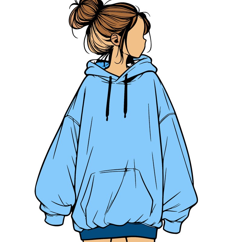 realistic girl with a oversized sweatshirt on and a bun