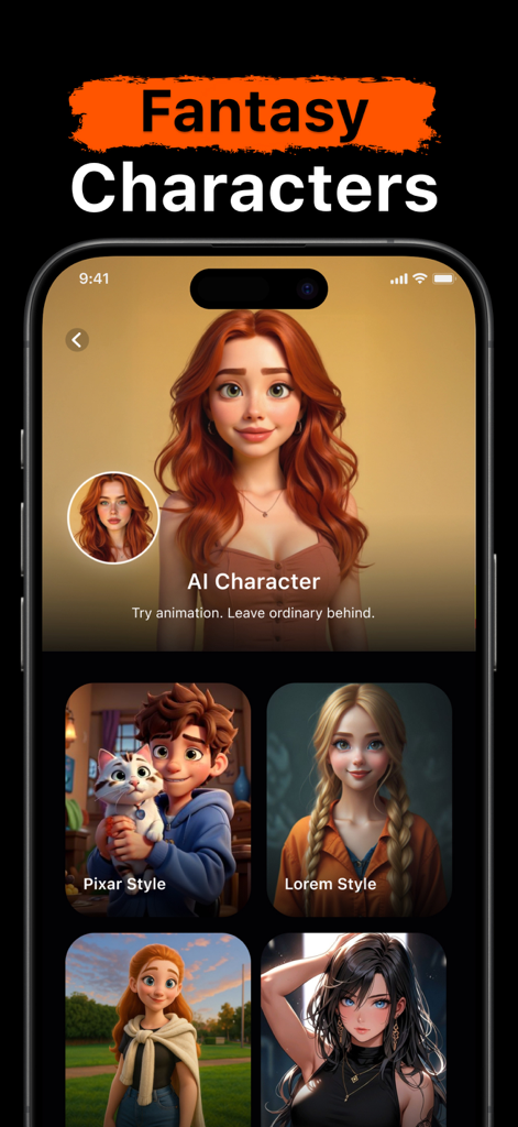 AI Face Swap - AIフェイススワップアプリの様々なファンタジーやカートゥーンキャラクターのスタイルが表示されているモバイル画面。
