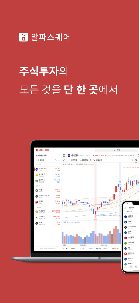 알파스퀘어 - 주식, 코인 정보·분석·관리를 한 곳에서 - AlphaSquareの株式・コイン取引アプリのインターフェイスが、金融チャートとともにラップトップとスマートフォンの画面に表示されています